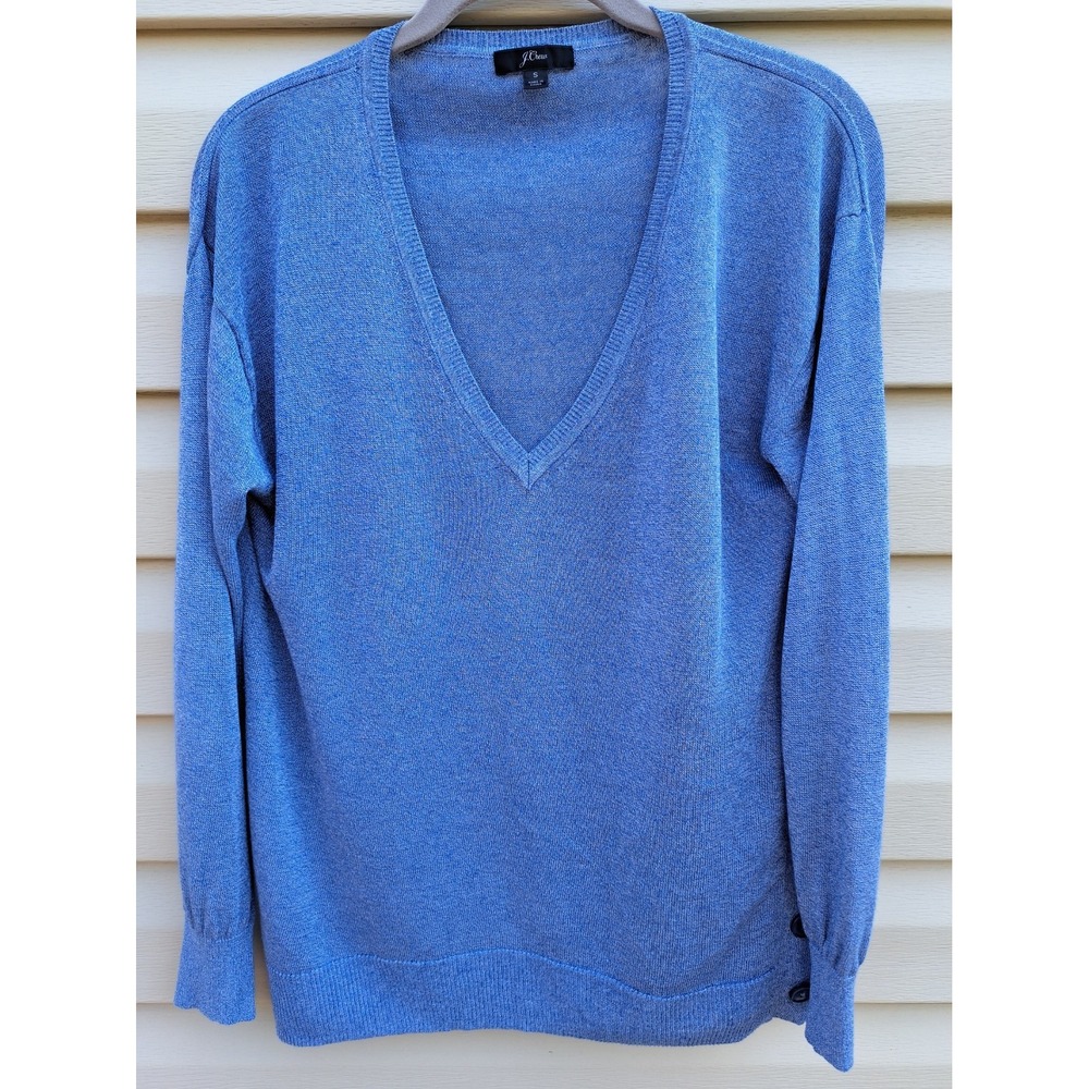 J. Crew Women's Blue Linen/Cotton Knit V-neck Long Sleeve Pullover Sweater Small